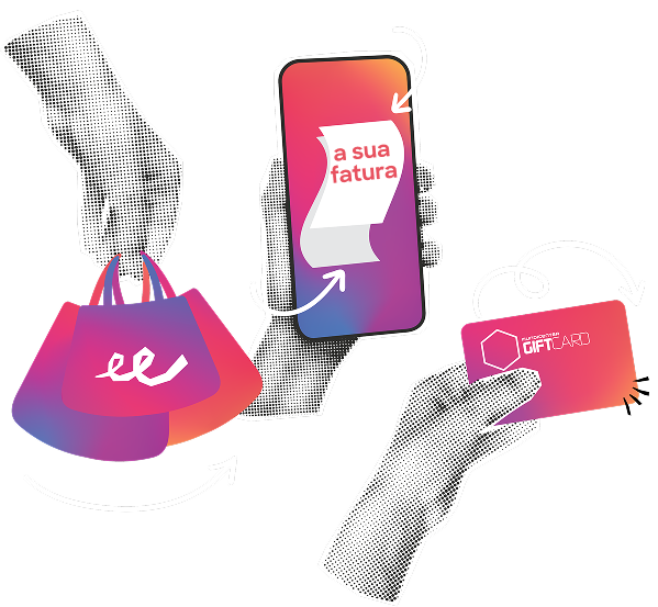 Ilustração mãos com celular e compras